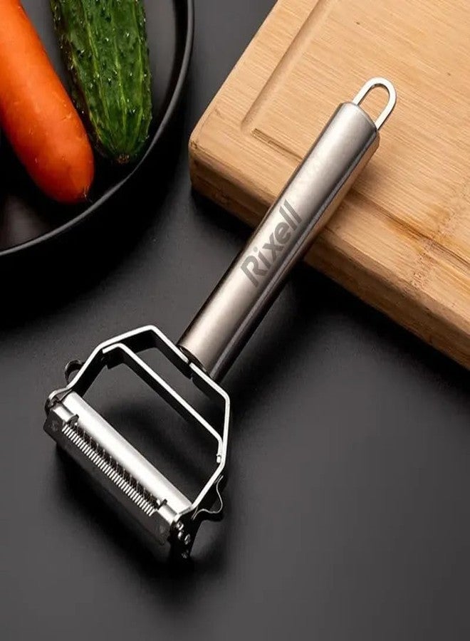 RIXELL 2-in-1 Stainless Steel Julienne Vegetable Peeler, Multi-Functional Kitchen Slicer and Grater, Silver, 18 x 8.2 x 2.4 cm - Image 1
